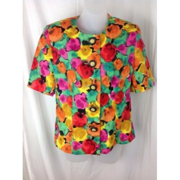 Rickie Freeman Jon Teri-Jon Floral Blouse Womens Sz 8 Linen  Button Front Top - Picture 7 of 12